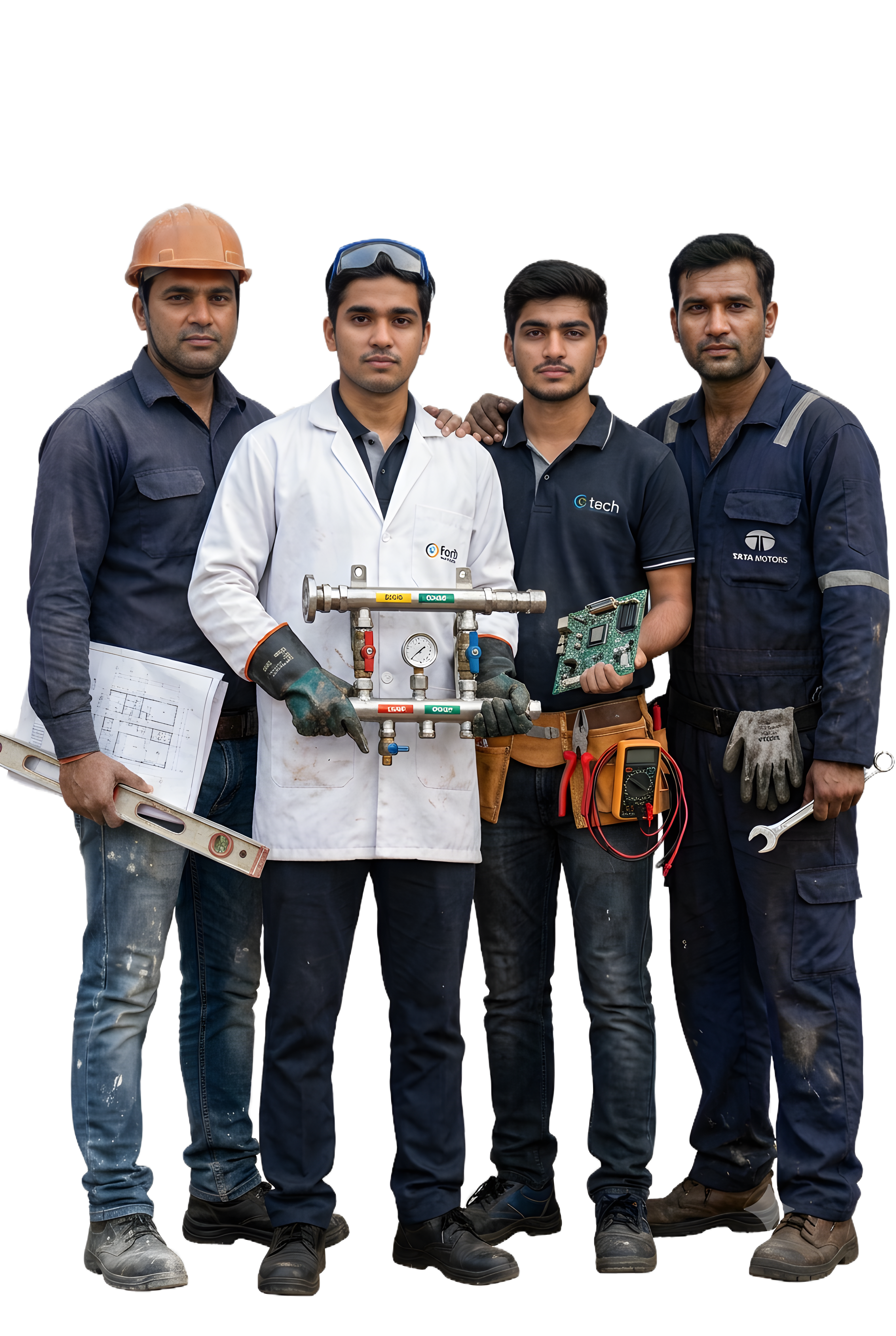 Construction professionals with project and technical equipment